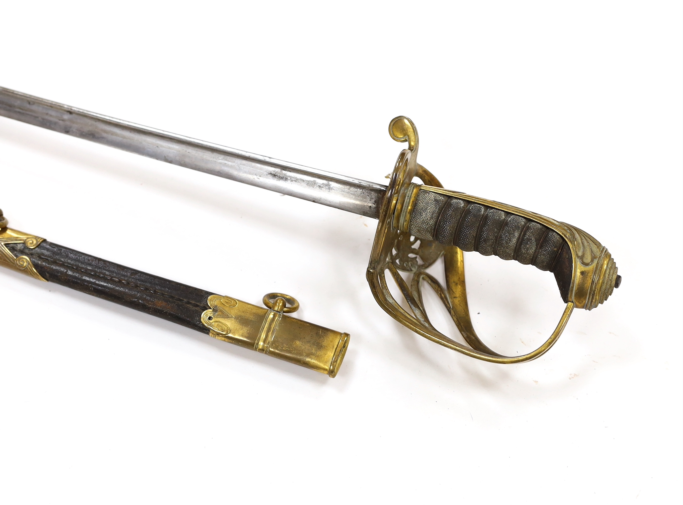 A William IV infantry officer’s sword, in a leather scabbard, blade 72.5cm